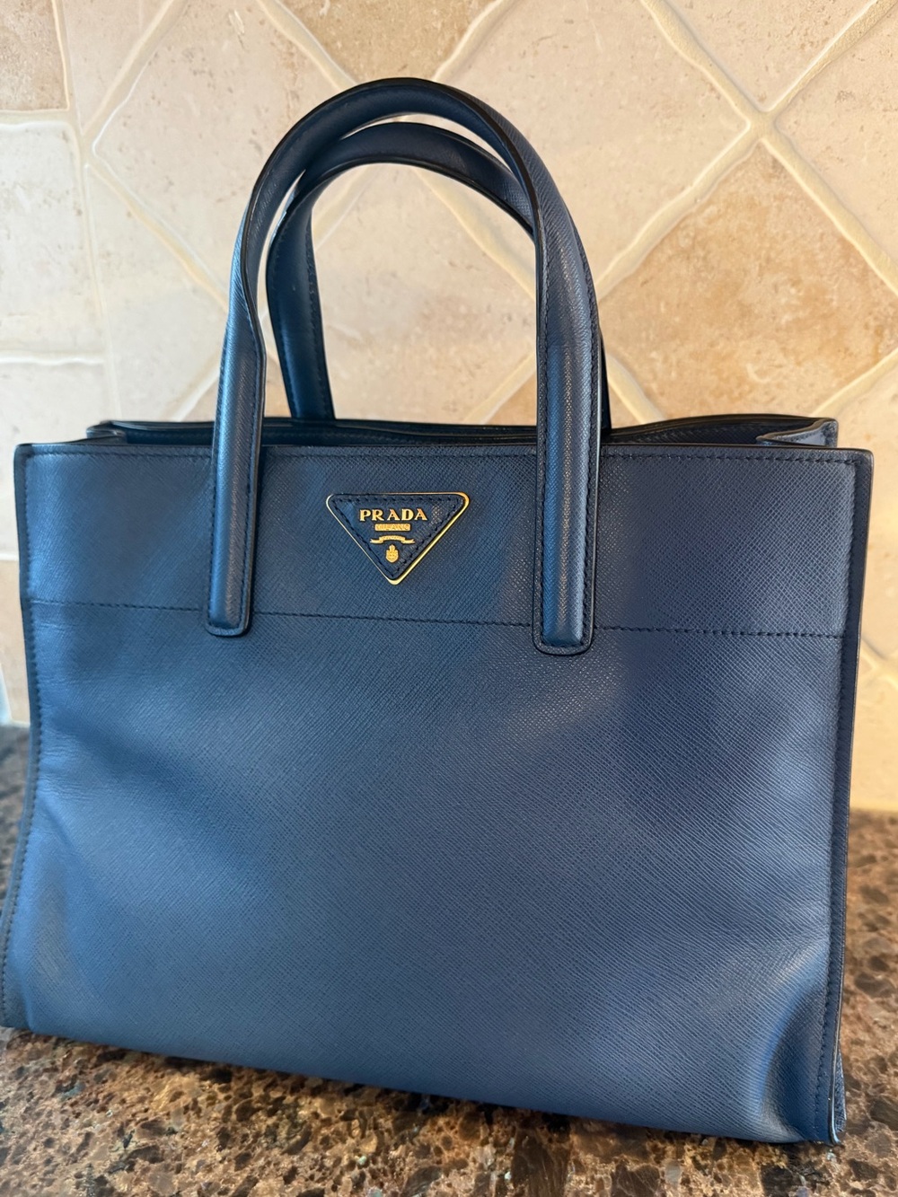 Prada Navy Saffiano triple compartment with crossbody strap and a dust bag